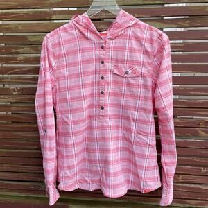 Prana Anja Hooded Shirt Plaid Roll Tab Button-Front Pullover Pink Size Medium
